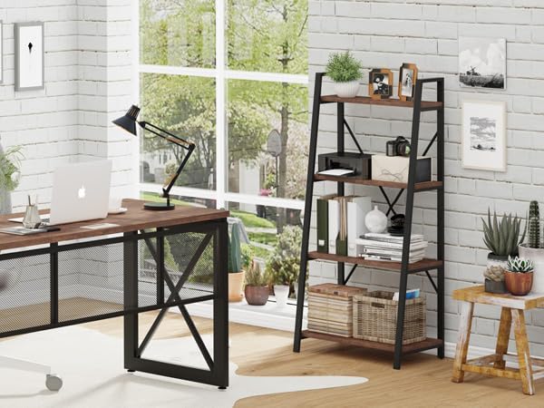 BON AUGURE Industrial Ladder Shelf Bookcase, 4 Tier Rustic Ladder Bookshelf - Image 7