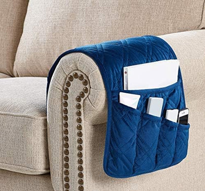 Brilliant Sunshine Blue Velvet Couch Sofa Armrest 5 Pockets Organizer, Slip - Image 2