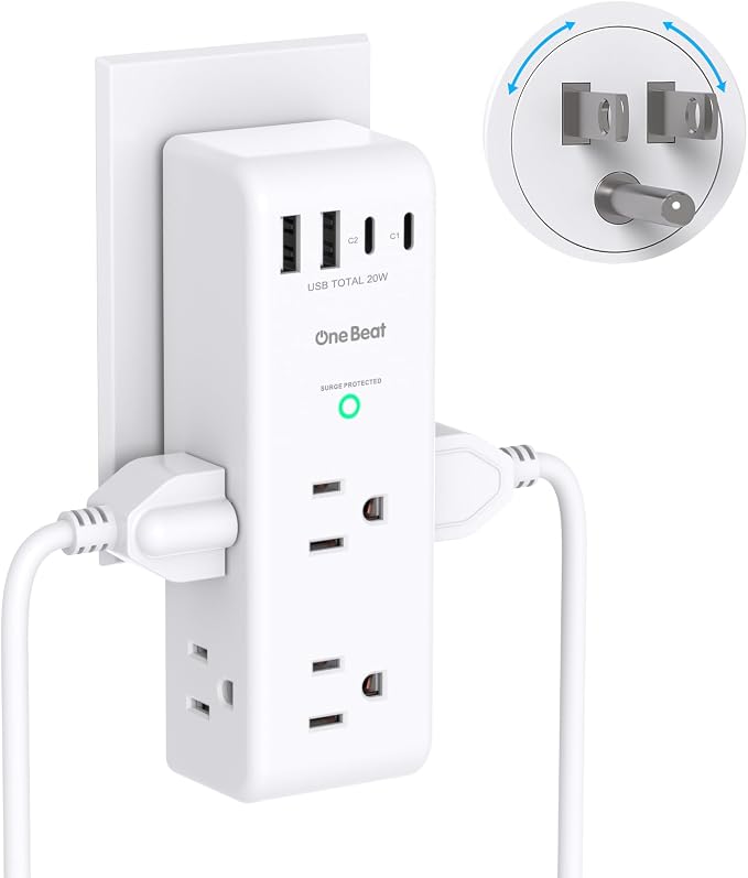 PD 20W Surge Protector Outlet Extender, Rotating Plug, One Beat 6 AC Multi Plug by OneBeat