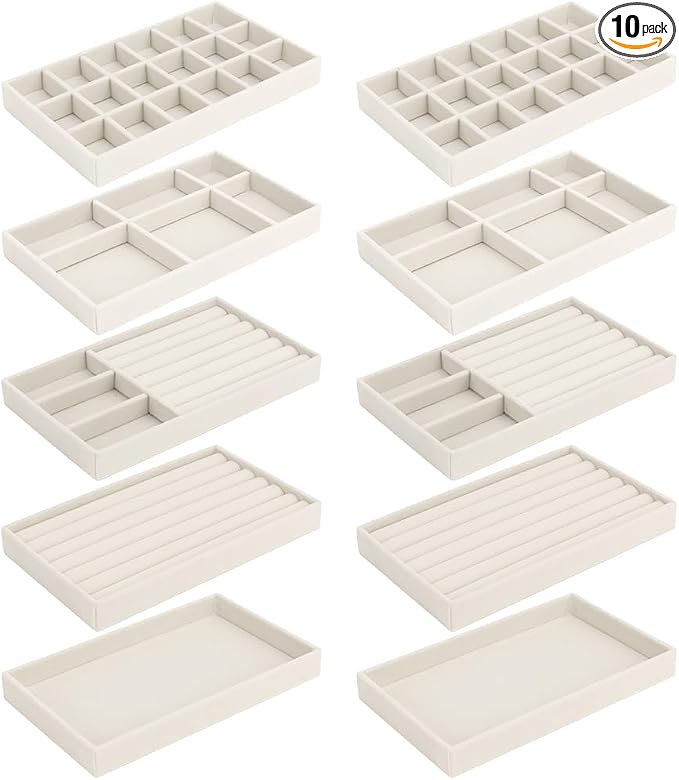 10 Pack Jewelry Organizer Tray Drawer Inserts Stackable Velvet Liner Dividers by Skiwali