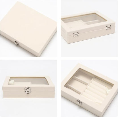Small Velvet Jewelry Tray with Clear Lid, 2-in-1 Beige | Lockable Ring Earring - Image 4
