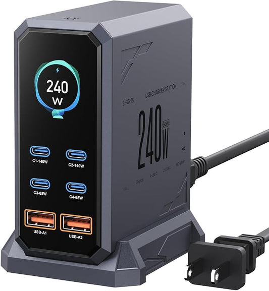 240W USB C Charger Block, ASOMETECH 6 Ports USB Charging Station, GaN 140W by ASOMETECH