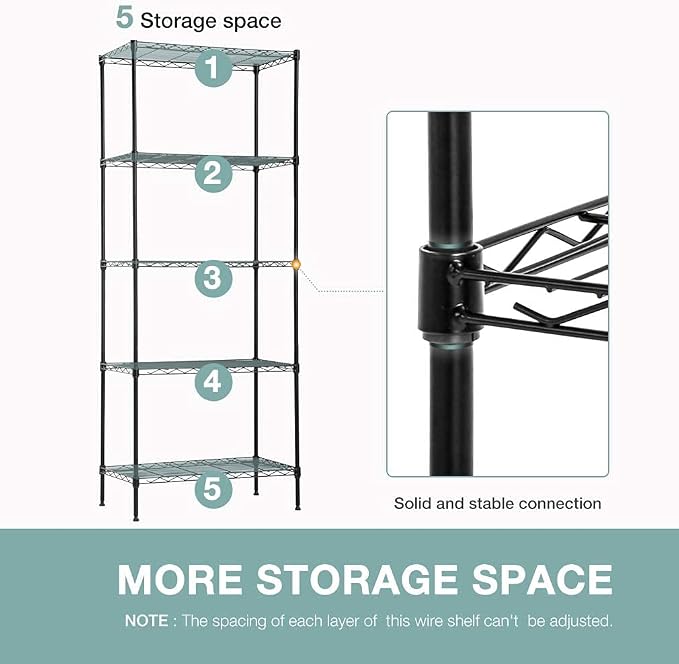 FDW | 5-Tier Wire Shelf | 24" x 14" x 60" | Black | Storage Shelves - Image 4