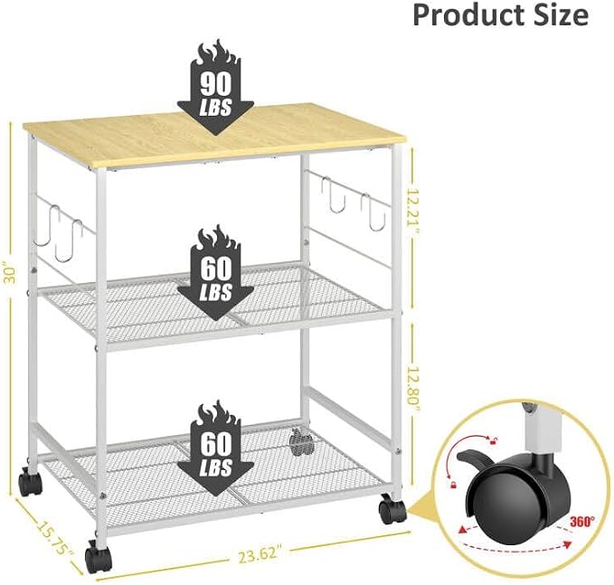ThreeHio Rolling Kitchen Microwave Cart, 3 Tier Microwave Table Stand - Image 3