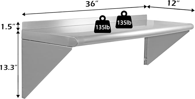 12''x36'' Wall Mounted Stainless Steel Shelf NSF Commercial Metal Wall Mount - Image 3