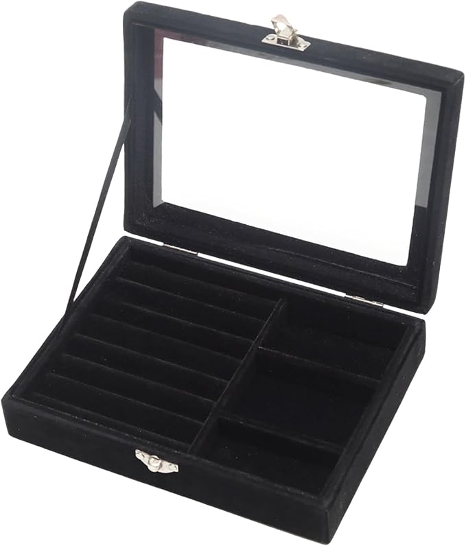 Small Velvet Jewelry Tray with Clear Lid, 2-in-1 Black | Lockable Ring Earring by Unknown