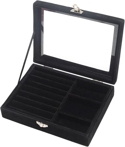 Small Velvet Jewelry Tray with Clear Lid, 2-in-1 Black | Lockable Ring Earring by Unknown