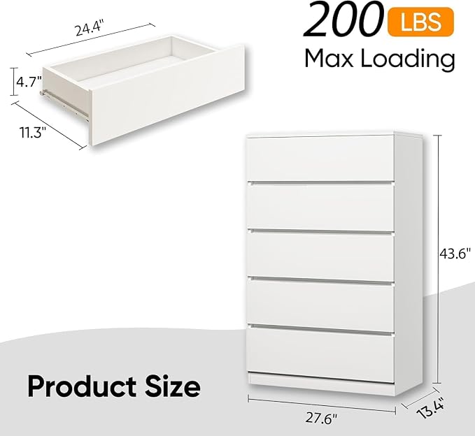 furtble 5 Drawer Dresser, Modern 43.6" Tall Dressers Chests of Drawers Clothing - Image 3