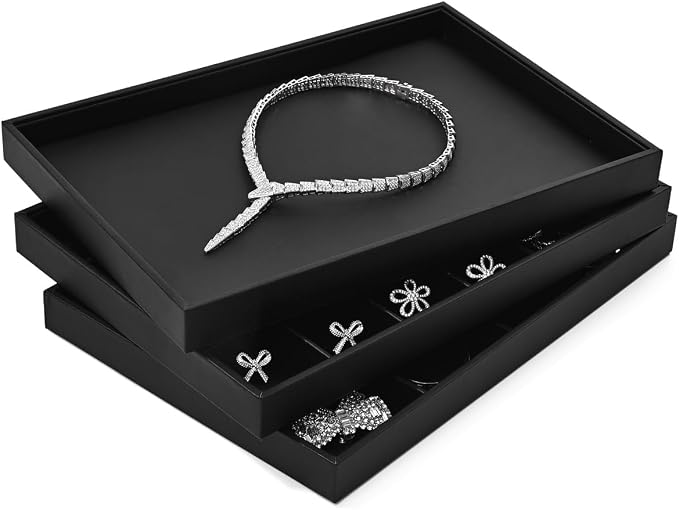 Black PU Leather Jewelry Display Flat Tray Ring Necklace Watch Organizer - Image 2