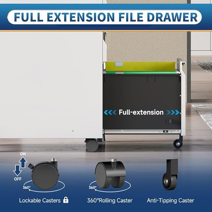 File Cabinet for Home Office, 3 Drawers Mobile File Cabinets Rolling, Under - Image 4