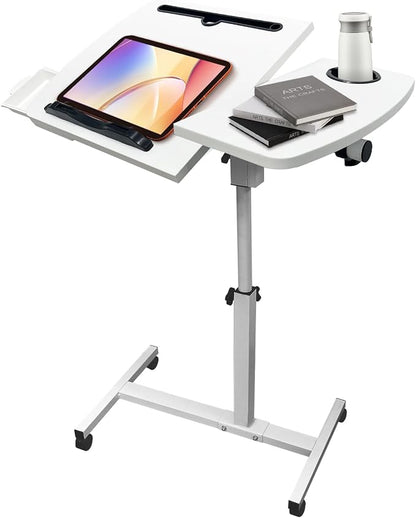 Overbed Table with Wheels Adjustable Height, Tiltable Desktop with Tray by YAQUHO