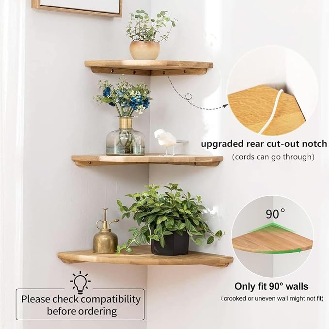 Corner Shelf, Solid Oak Wood Floating Corner Shelf Wall Mount Round End - Image 5