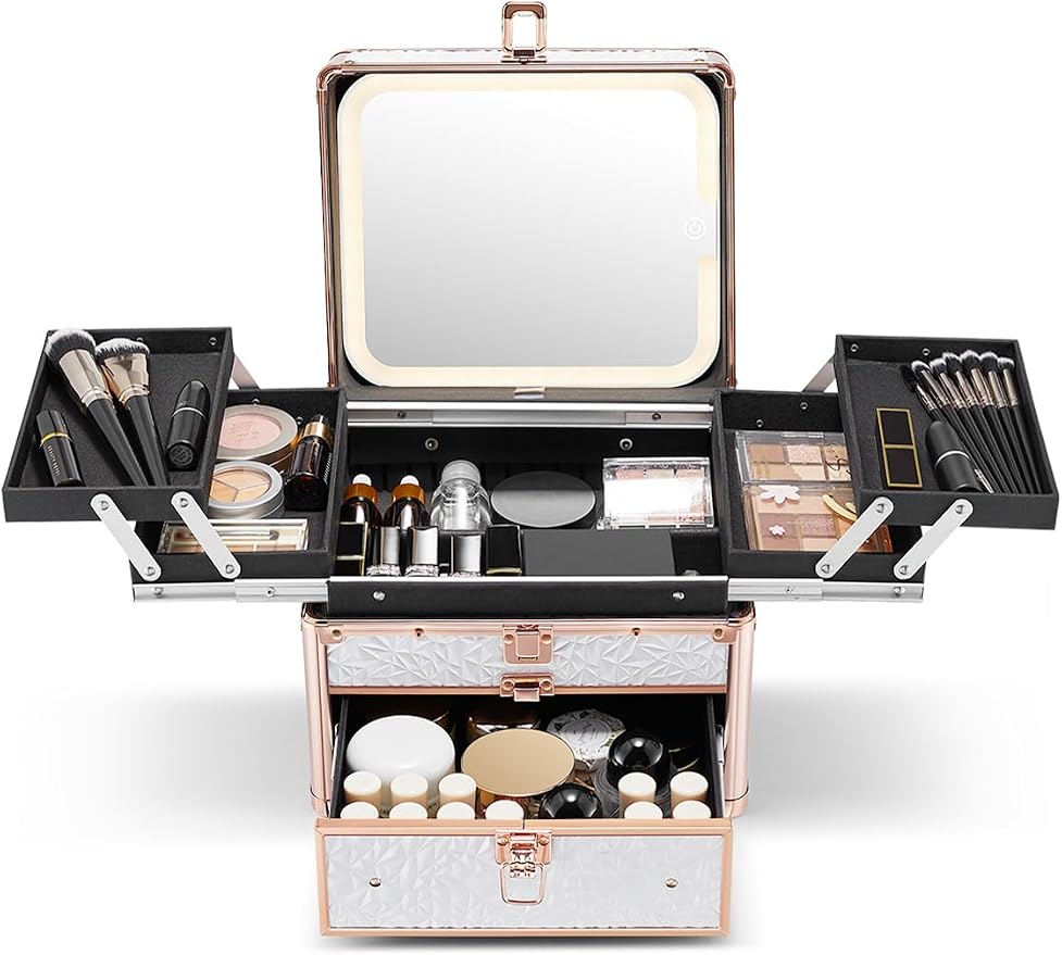 Qislee Makeup Box with Drawer and Four Trays, A Detachable Lighted Mirror by Qislee
