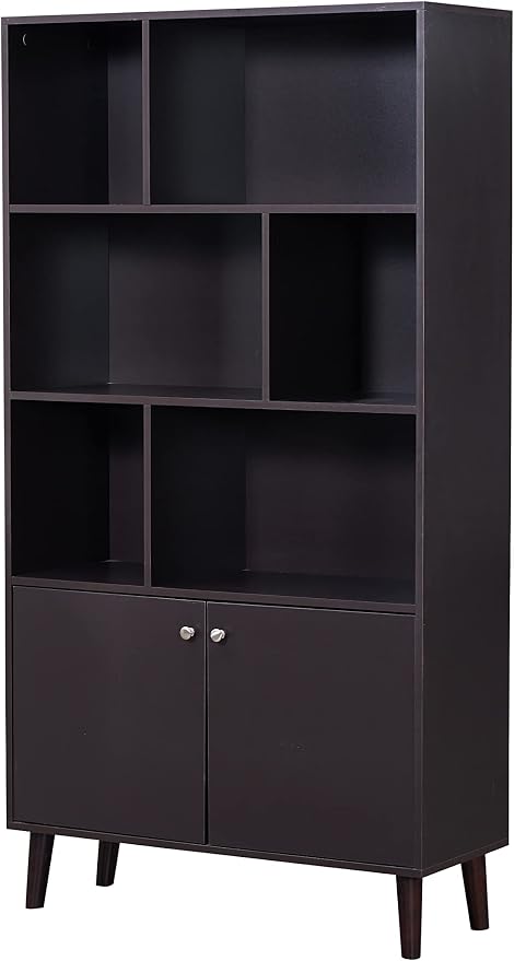 67 in Bookcase with Doors, 3-Tier Bookshelf Farmhouse Bookcases Wooden Deep - Image 5