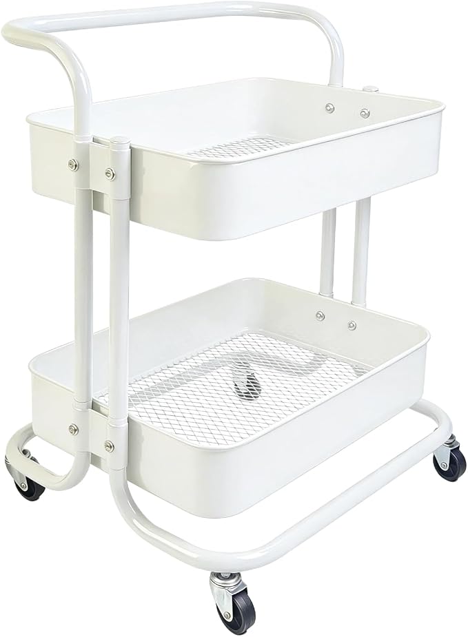 2 Tier Cart with Wheels Under Desk Storage with Handle, Metal Rolling Pantry by Ufriandz