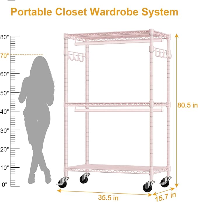 P1 Rolling Closets with Wheels and Shelves, Portable Closet Wardrobe - Image 6