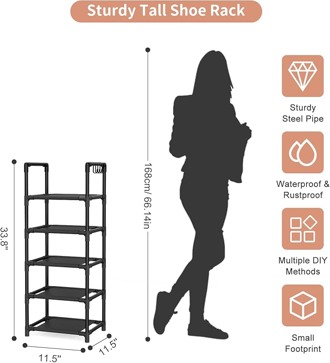 LANTEFUL Narrow Shoe Rack 5 Tier Shoe Shelf Storage - Image 3
