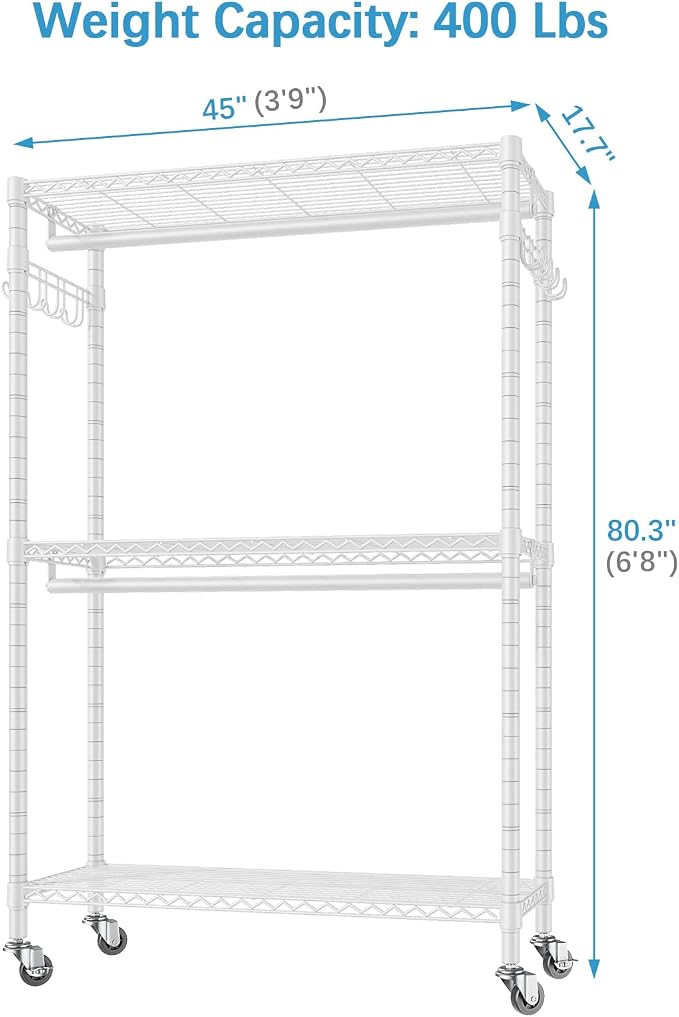 VIPEK R2 Plus Rolling Garment Rack 3 Tiers Adjustable Wire Shelving Clothes - Image 6