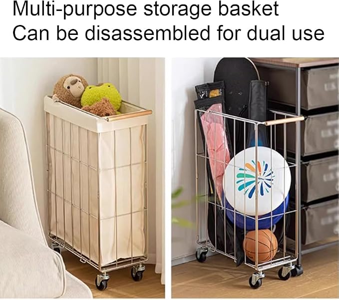 Rolling Laundry Cart with Baskets, Stainless Steel Hamper with Wheels, Slim - Image 3