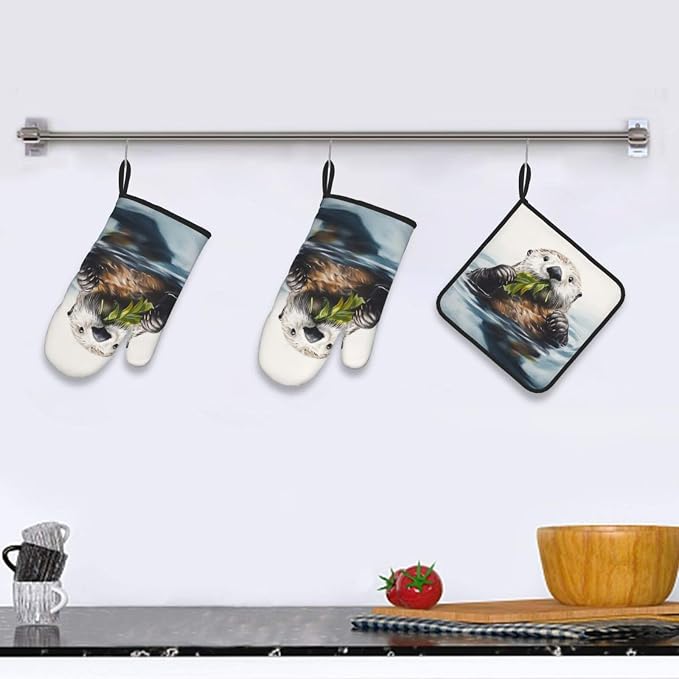 Oven Mitts and Pot Holders Sets of 3 Sea Otter Oven Mitts 3 Pcs Heat Resistant - Image 5