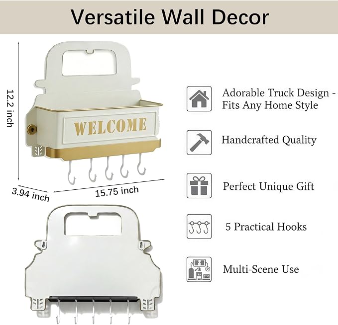 Truck Farmhouse Key Rack & Rustic Metal Wall Planter, Wall Mounted Flower Pot - Image 3