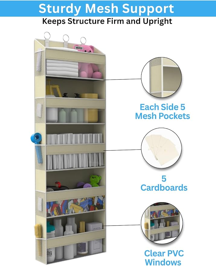 Over the Door Organizer with 5 Large Pockets & 10 Mesh Side Pockets – Durable - Image 6