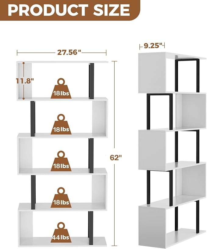 5 Tier Geometric Bookcase, S Shaped Bookshelf, Wood Decorative Storage Shelving - Image 3