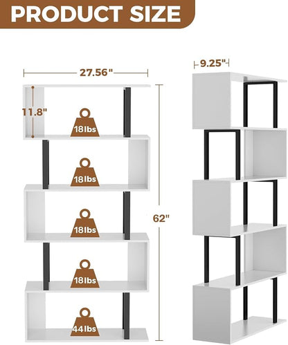 5 Tier Geometric Bookcase, S Shaped Bookshelf, Wood Decorative Storage Shelving - Image 3