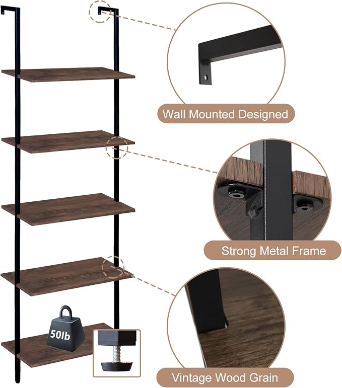 5 Tiers Ladder Shelf Brown Modern Bookshelf Open Tall Wall Mount Bookcase - Image 5
