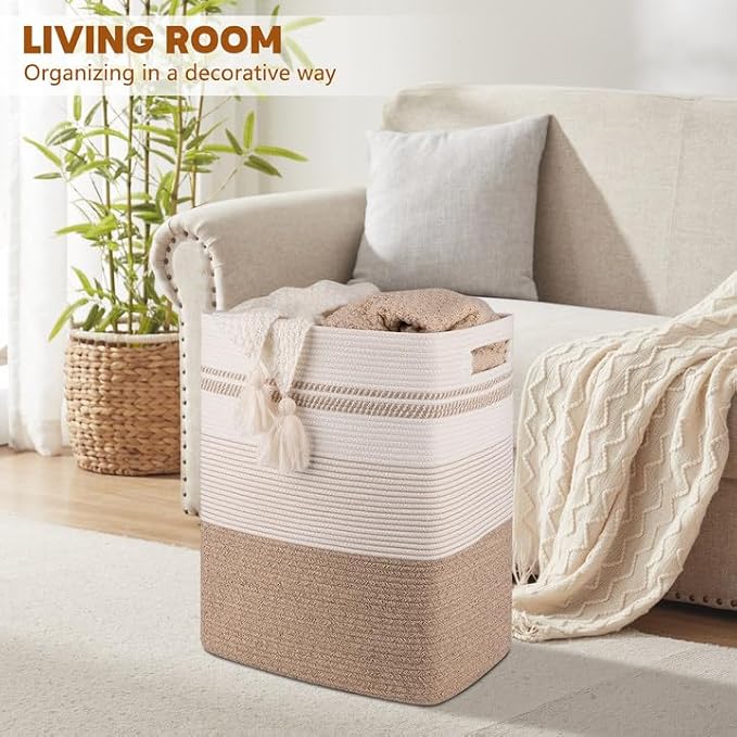 Laundry Hamper, Large Woven Rope Tall Laundry Basket - Image 6