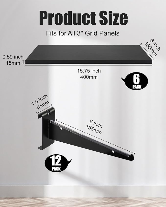 6 Pack GridWall Shelves with Metal Brackets - Image 2
