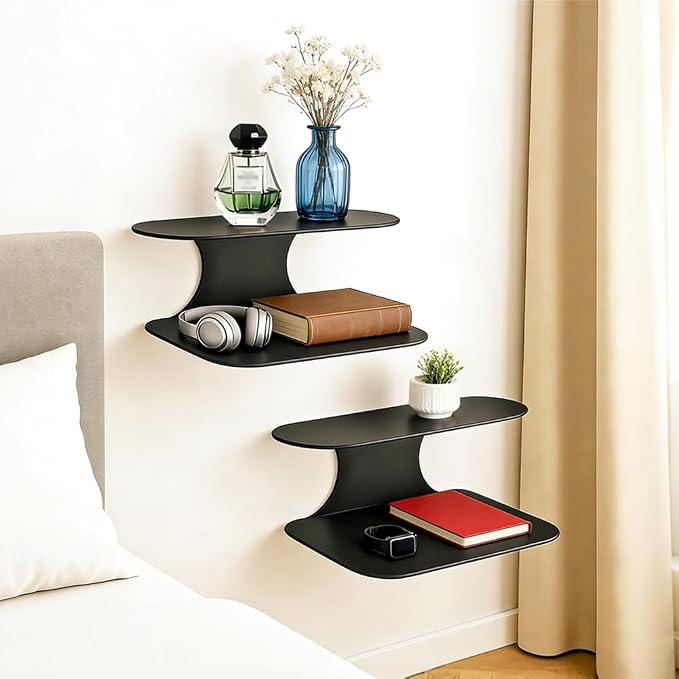 Simple Metal Floating Nightstands Set of 2, Wall Mounted Black Bedside Shelf by Unknown
