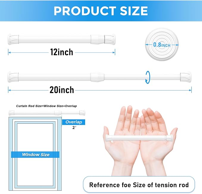6 Pack Small Tension Rod 12 to 19 Inch Adjustable Tension Curtain Rod Mini - Image 3