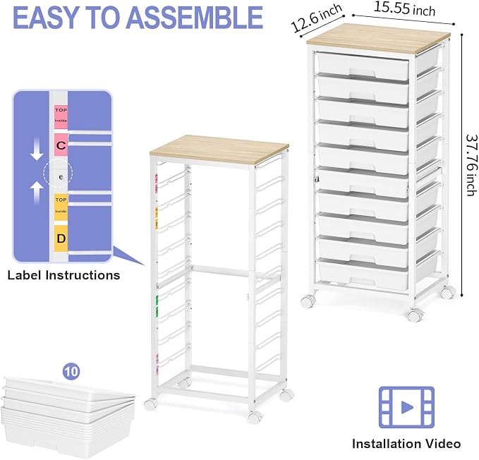 Rolling Cart with Drawers, 10 Drawer Rolling Cart, Storage Cart with Wheels - Image 3