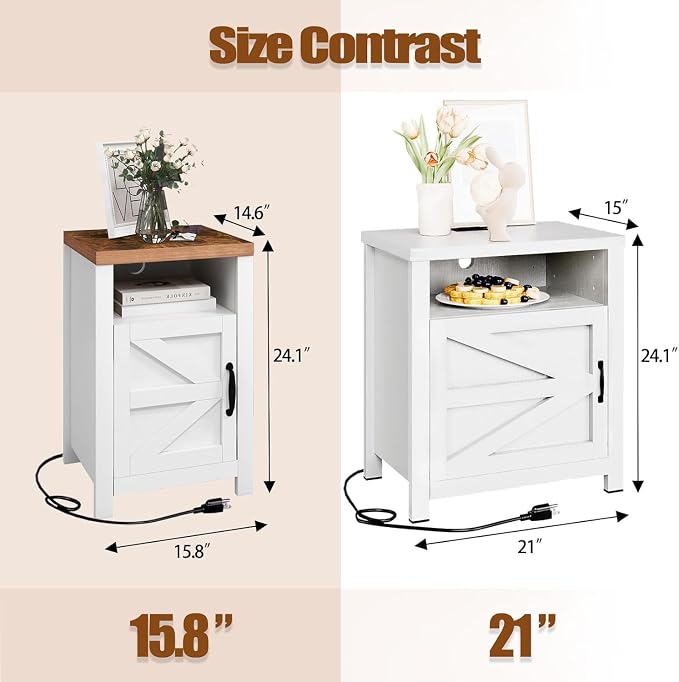 Farmhouse Nightstand with Charging Station, Couch Side Table Set of 2, Bedside - Image 4