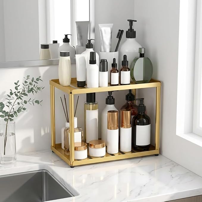 2 Tier Bathroom Counter Organizer, Rectangular Vanity Organizer Shelf, Skincare - Image 2