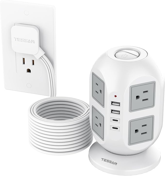 Tower Power Strip, Surge Protector 10 FT Cord, TESSAN Flat Plug Extension Cord by TESSAN