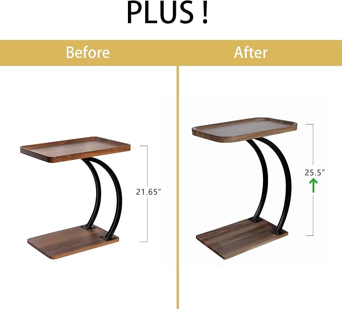 C Shaped end Table, 2tier Large Tray Wood top, Easy Install Heavy Duty Side - Image 6