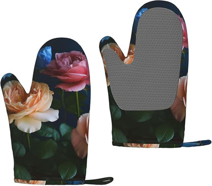 Garden Roses Print Oven Mitts Set of 2, Heat Resistant Silicone Oven Mittens by Unknown