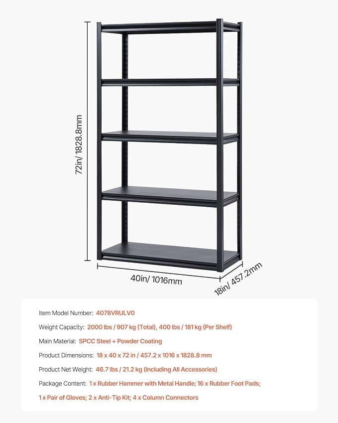 VEVOR Storage Shelves, 2000 lbs, 5 Tier Garage Storage Shelving - Image 3