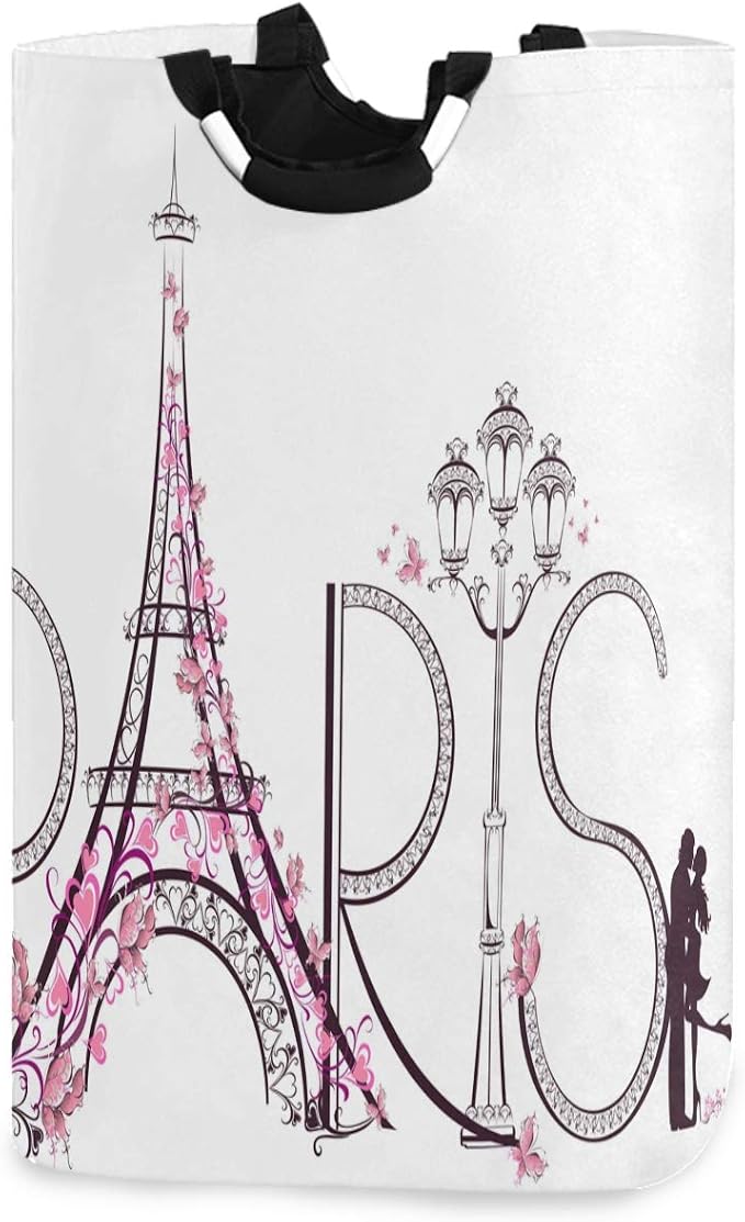 Tower Eiffel With Paris Lettering Large Laundry Hamper with Handle Foldable by visesunny