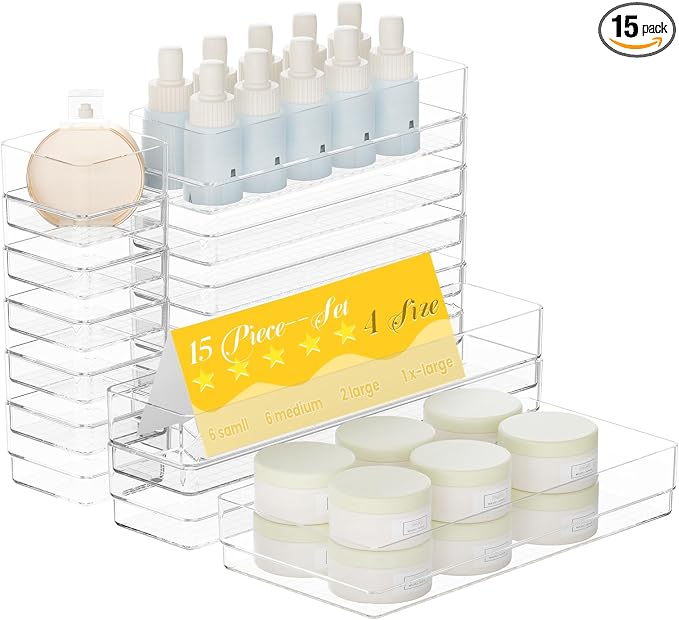 15 PCS Clear Plastic Drawer Organizer Set, 4 Sizes Acrylic Drawer Storage Trays by Unknown