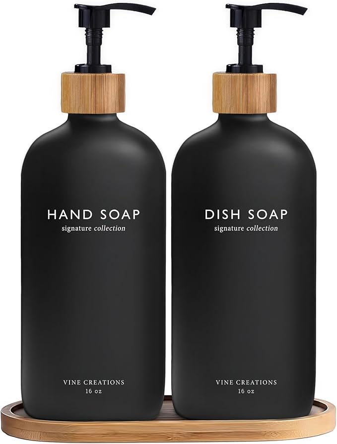 Vine Creations Black Glass Soap Dispenser Set, Hand Soap and Dish Soap by VineCreations