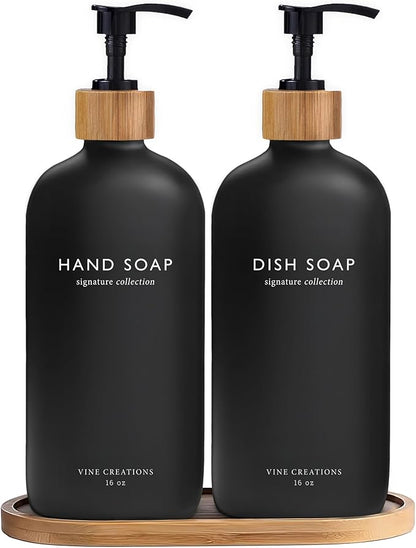 Vine Creations Black Glass Soap Dispenser Set, Hand Soap and Dish Soap by VineCreations