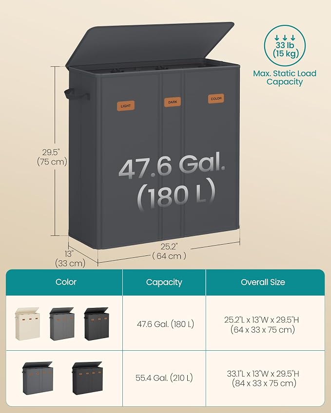 SONGMICS 47.6 Gallon Laundry Hamper, 3-Compartment Laundry Basket Sorter - Image 5