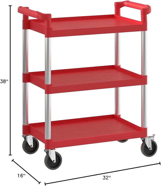 Red Utility/Bussing Cart with Three Shelves - Image 3