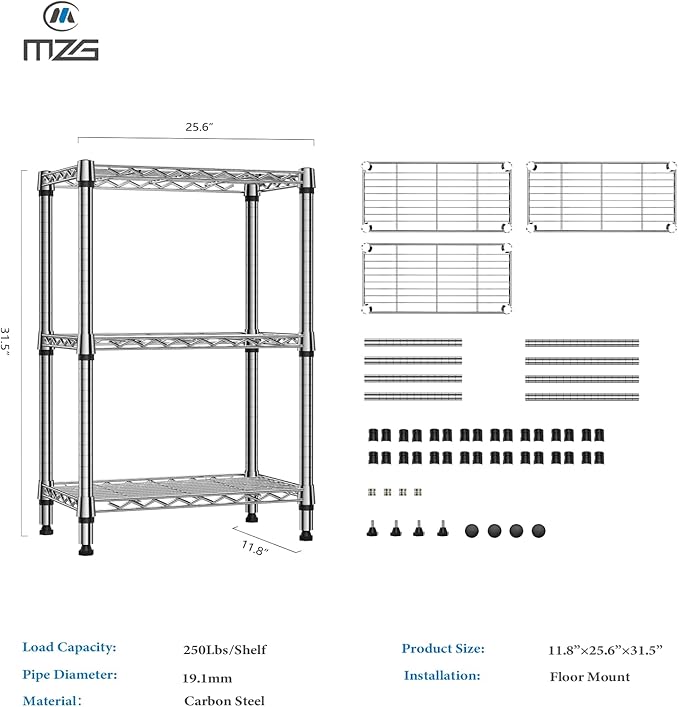 M MZG 750 lbs 3 Tier Shelf Metal Storage Shelves Wire Rack Closet Organizers - Image 3