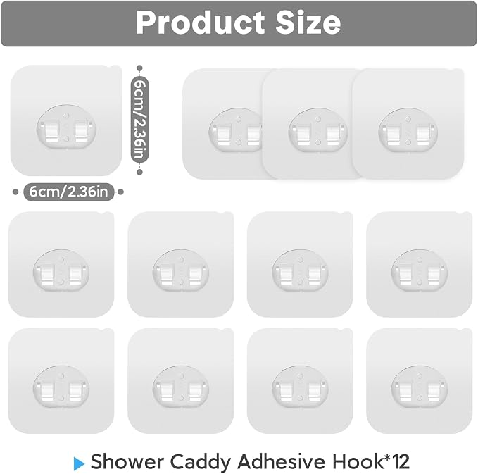 12 Pack Clear Plastic Shower Caddy Adhesive Hooks, Strong Adhesive, Waterproof - Image 2