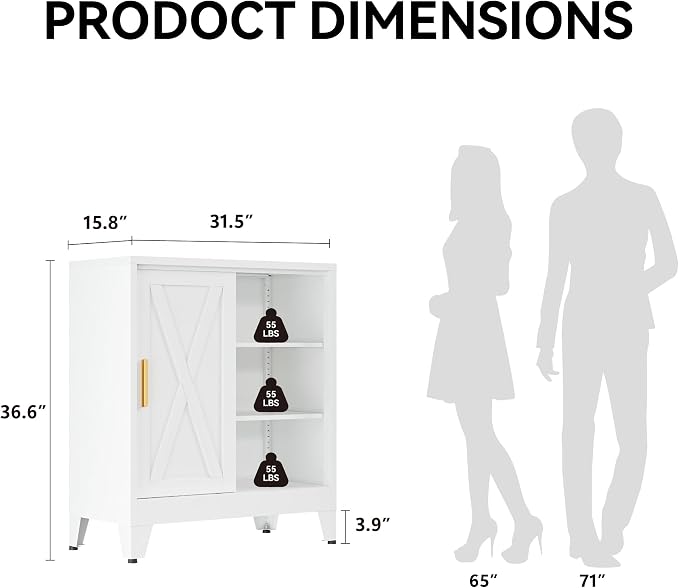 COFaR White 37" H Sliding Door Storage Cabinet, Half Open Half Closed Design - Image 2