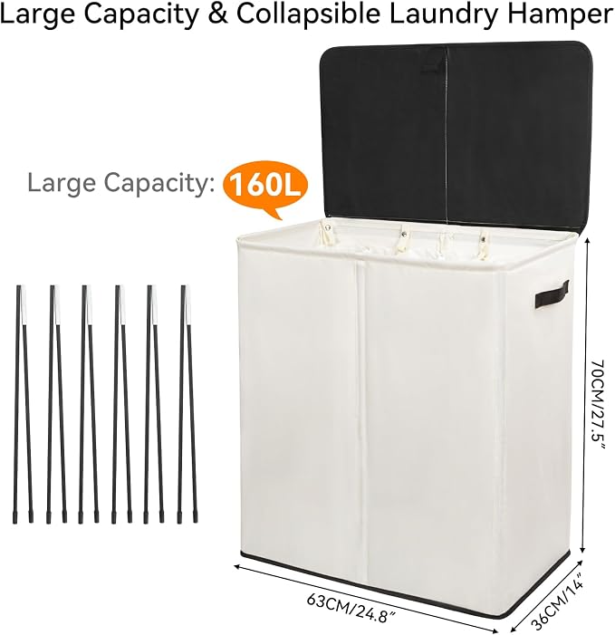 WOWLIVE Laundry Hamper with Lid, 160L Large Laundry Basket 3 Section with - Image 6